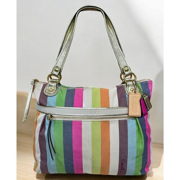 Coach 19021 Poppy Legacy Stripe Sequins Glam Tote & Wristlet - Picture 2 of 15